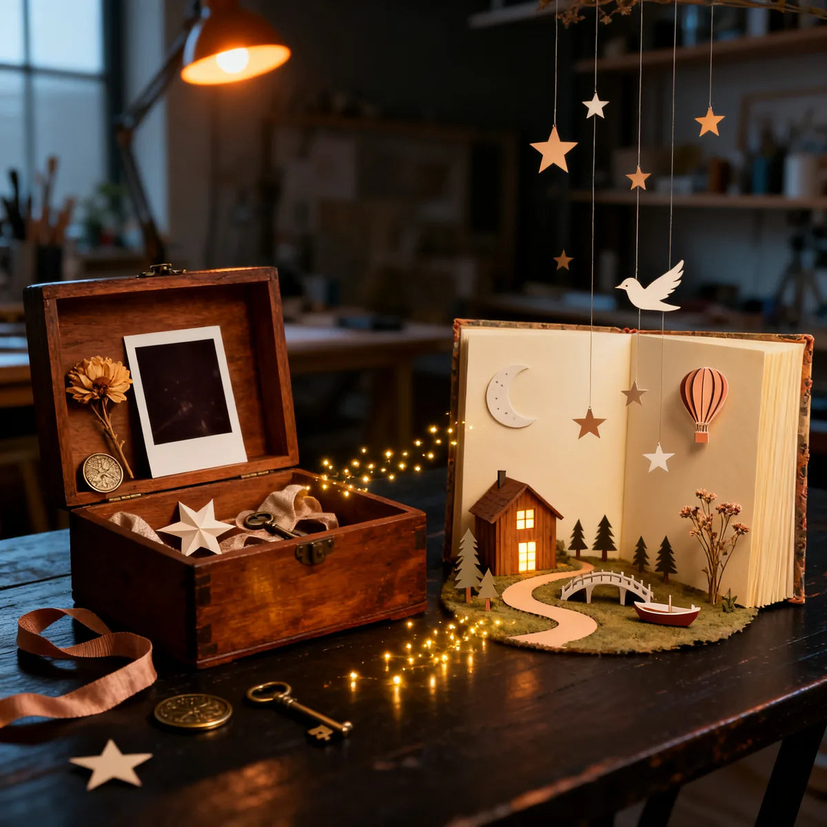 Caméra de cinéma vintage et figurines de conte