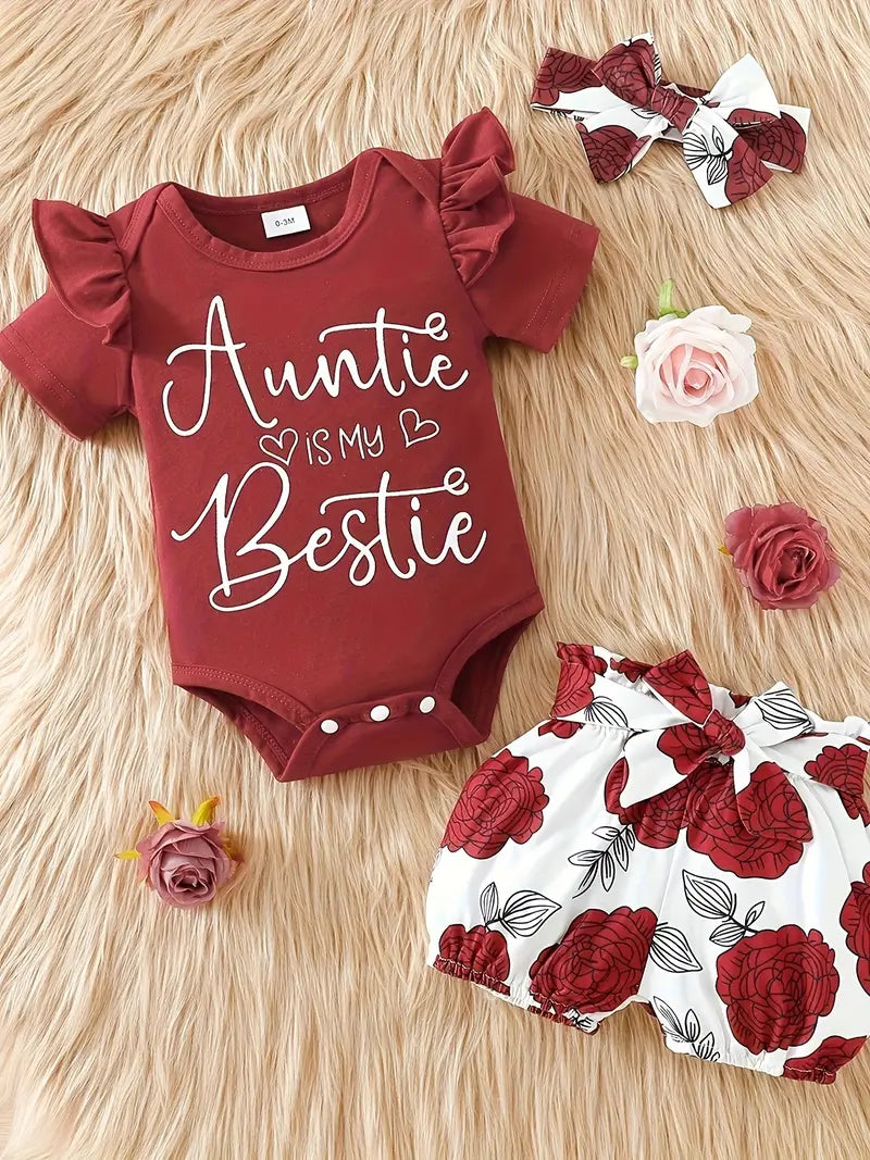 Adorable Baby Girl's Letter Print Onesie & Floral Shorts & Headband Set