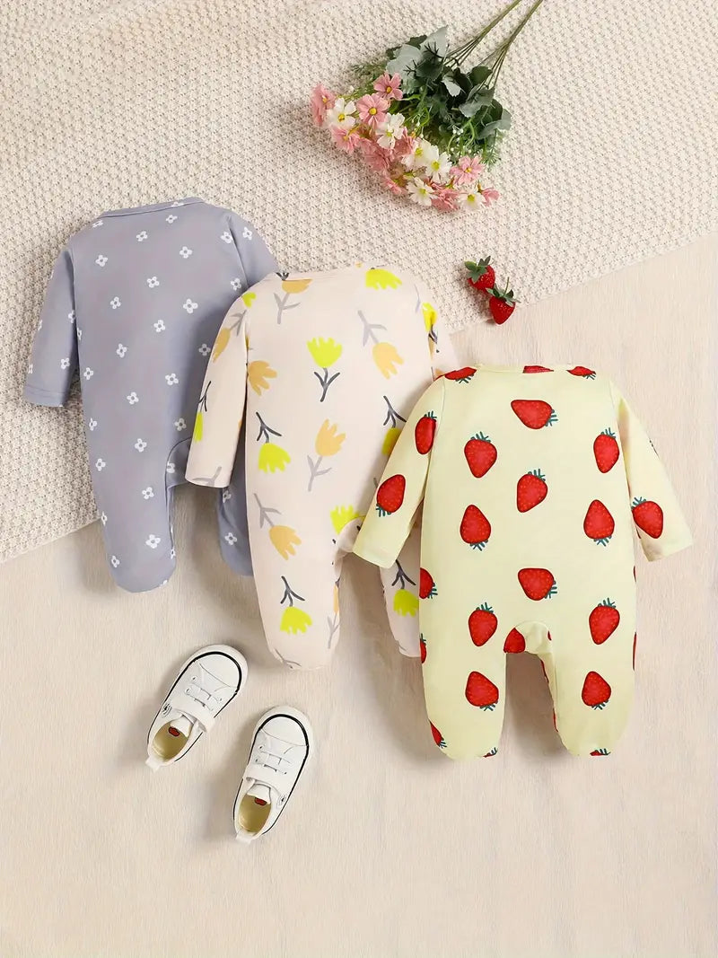 3-Piece Strawberry Print Long Sleeve Jumpsuit Set