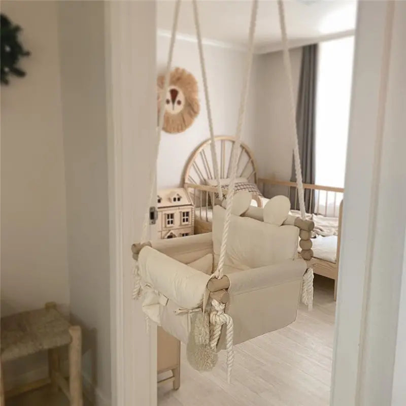 Indoor Hanging Swing Chair - Wooden Frame, Soft Cushion, Adjustable Height