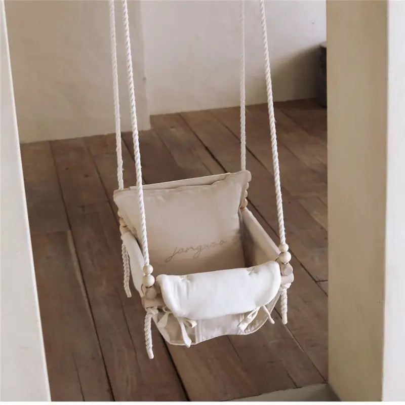 Indoor Hanging Swing Chair - Wooden Frame, Soft Cushion, Adjustable Height