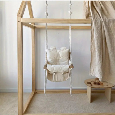 Indoor Hanging Swing Chair - Wooden Frame, Soft Cushion, Adjustable Height