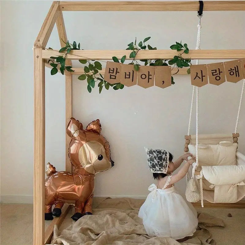 Indoor Hanging Swing Chair - Wooden Frame, Soft Cushion, Adjustable Height