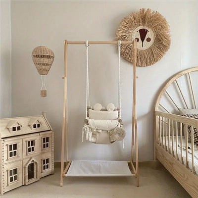 Indoor Hanging Swing Chair - Wooden Frame, Soft Cushion, Adjustable Height