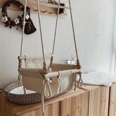 Indoor Hanging Swing Chair - Wooden Frame, Soft Cushion, Adjustable Height