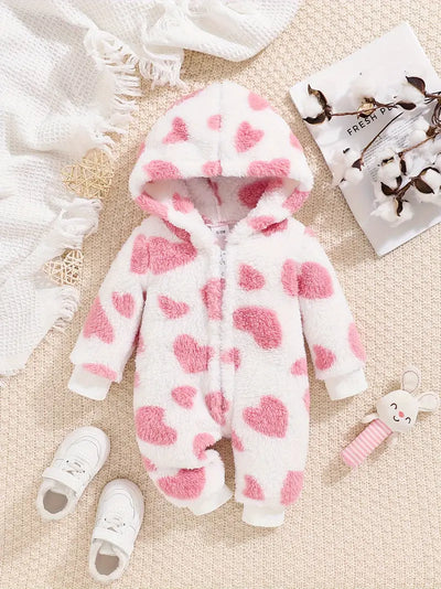 Heart Print Hooded Baby Romper, Cozy Zip-Up