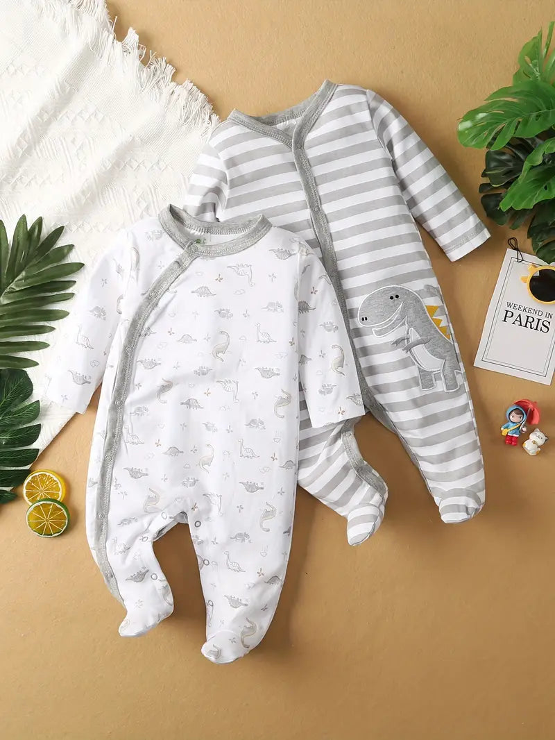 2-Piece Dinosaur Print Baby Romper, Cozy Cotton Footed