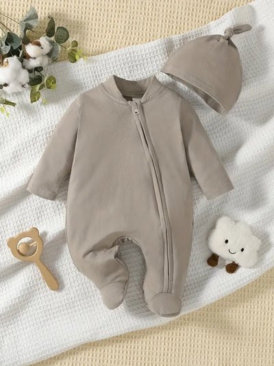 Newborn Boy’s Zip Footed Onesie with Hat, Cozy