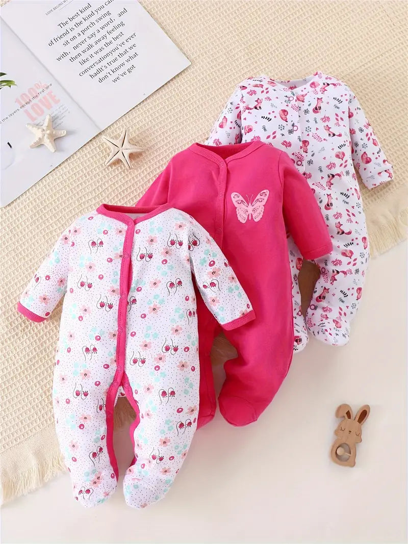 3-Piece Cozy Cotton Baby Bodysuits with Butterfly Prints