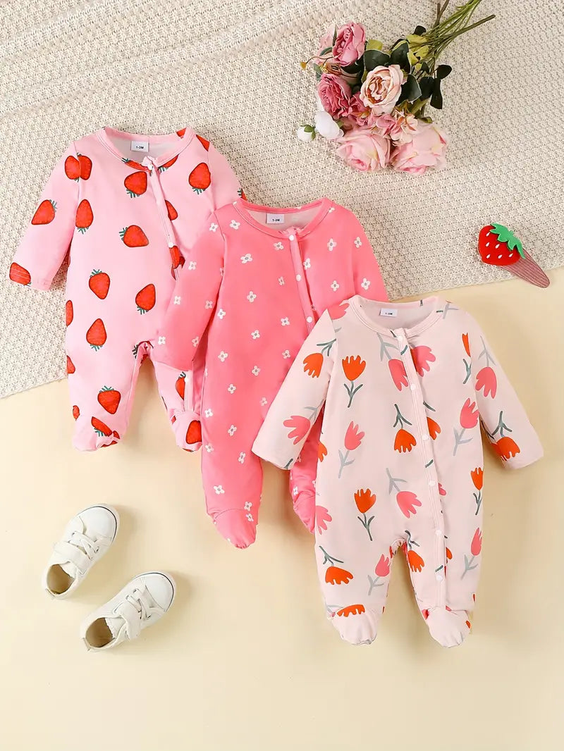 3-Piece Strawberry Print Long Sleeve Jumpsuit Set