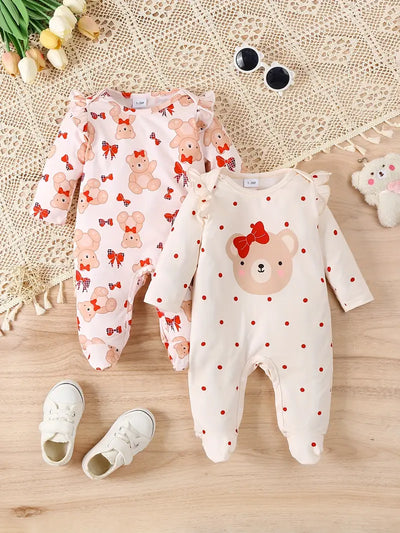 2-Piece Bear Print Baby Bodysuit, Comfy Footed Romper