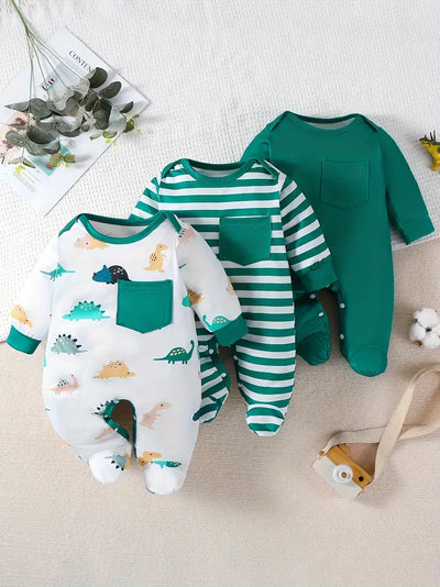 3-Piece Green Baby Romper Set, Pocket Detail