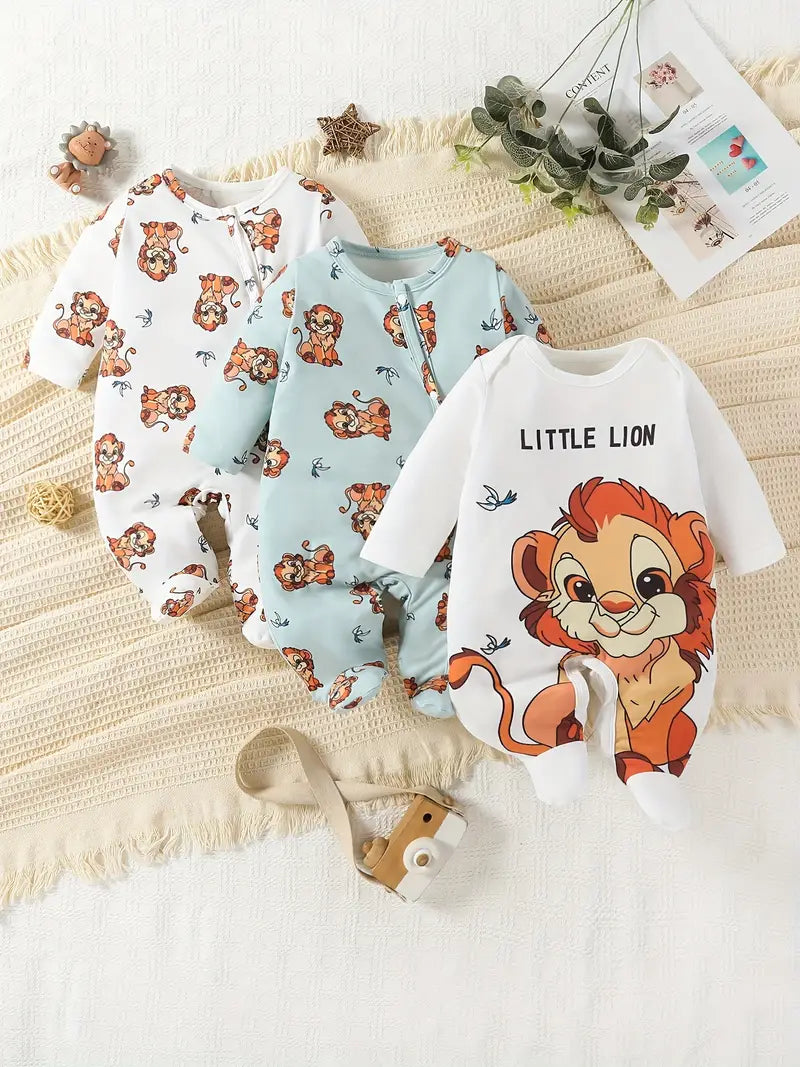 3-Piece Lion Print Baby Romper Set, Cozy Polyester Blend