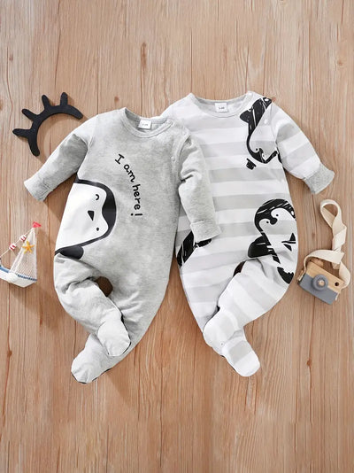 Penguin Print Baby Jumpsuit, Cotton Long Sleeve