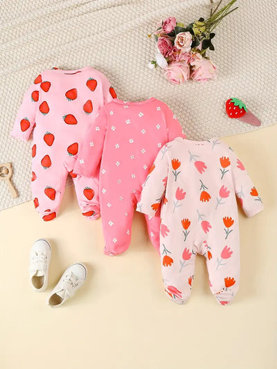 3-Piece Strawberry Print Long Sleeve Jumpsuit Set