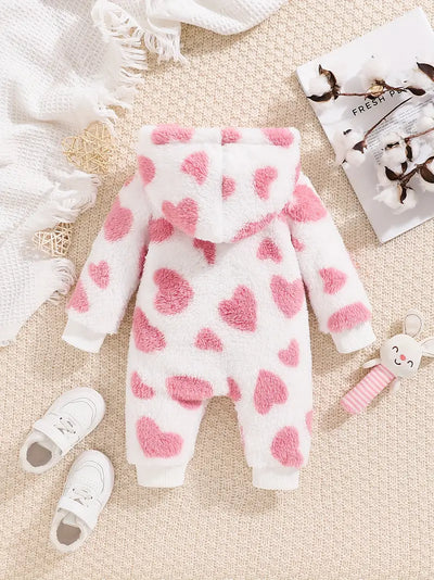 Heart Print Hooded Baby Romper, Cozy Zip-Up