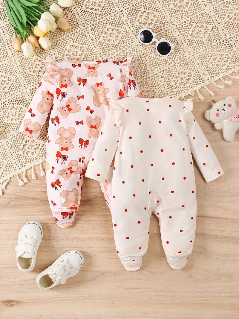 2-Piece Bear Print Baby Bodysuit, Comfy Footed Romper