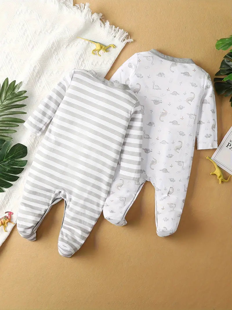 2-Piece Dinosaur Print Baby Romper, Cozy Cotton Footed