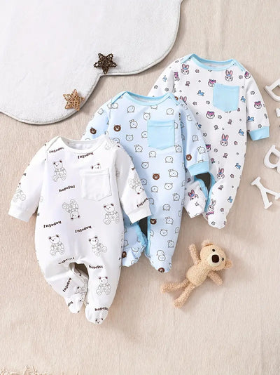 3-Piece Baby Boy Bear Pattern Romper, Long Sleeve Footed