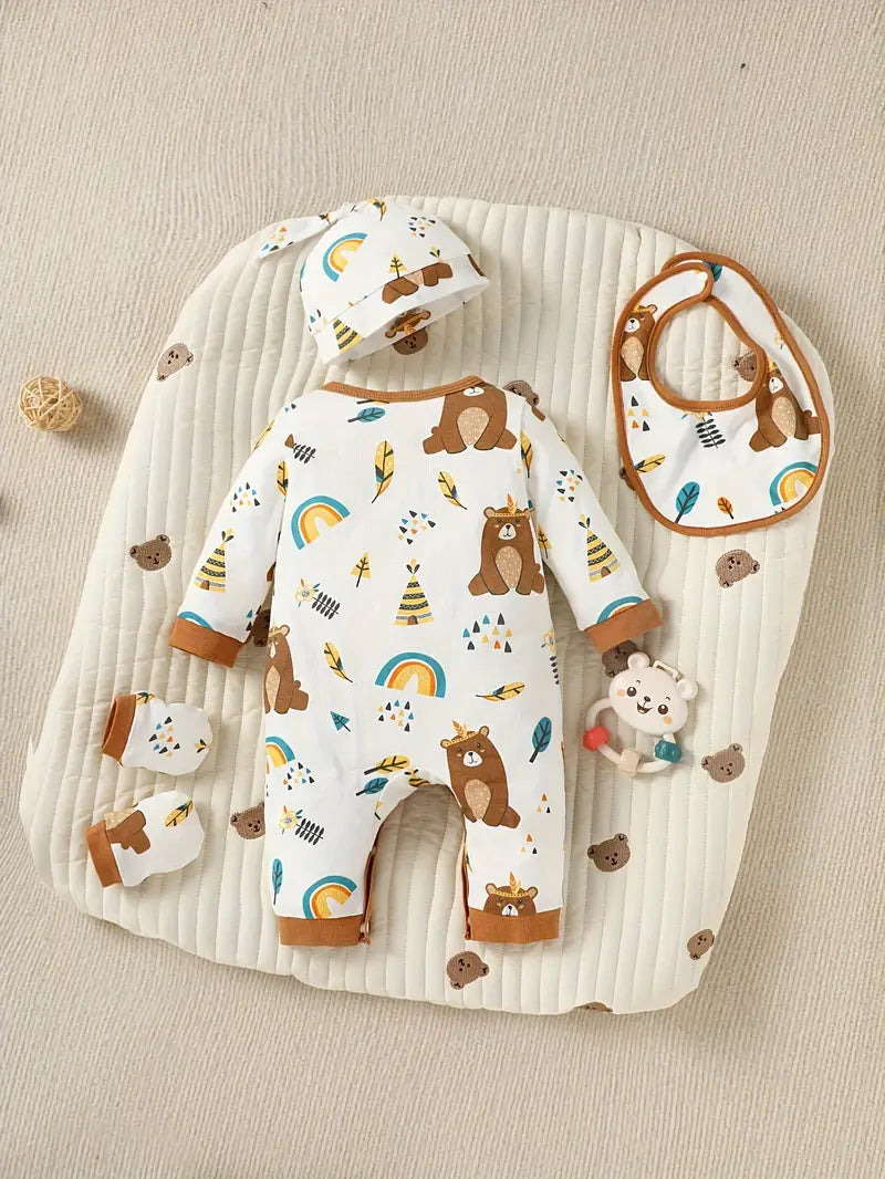 Baby Bear Print Bodysuit Set with Hat and Mittens