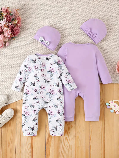 2-Piece Solid Color & Floral Bodysuit with Hat