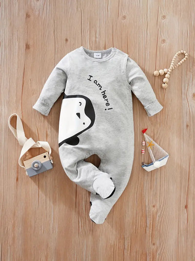 Penguin Print Baby Jumpsuit, Cotton Long Sleeve