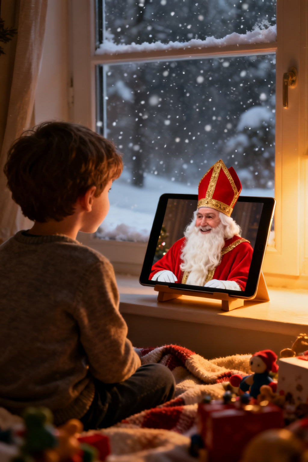 Un enfant vu de dos, émerveillé, regarde sur une tablette Saint-Nicolas qui lui parle — aperçu de la vidéo personnalisée MayaTrendy