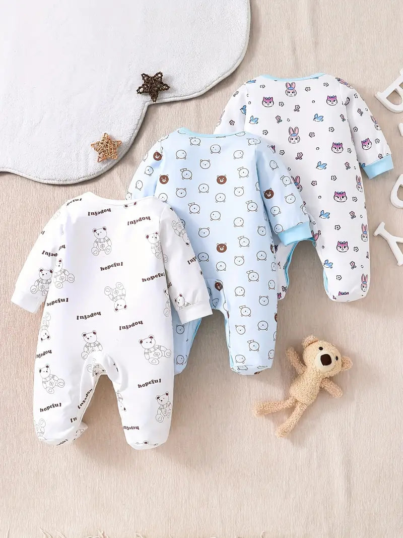 3-Piece Baby Boy Bear Pattern Romper, Long Sleeve Footed