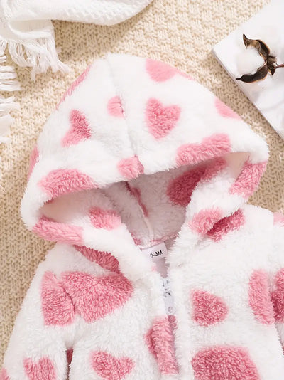 Heart Print Hooded Baby Romper, Cozy Zip-Up