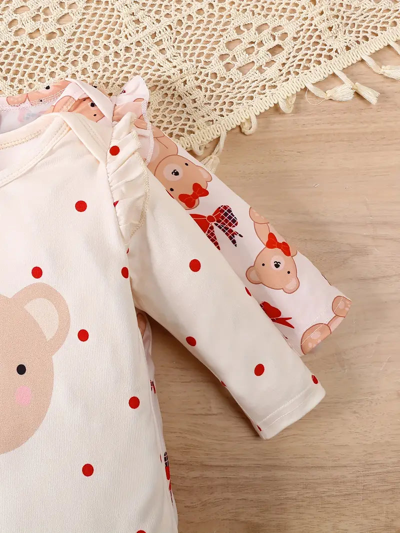 2-Piece Bear Print Baby Bodysuit, Comfy Footed Romper