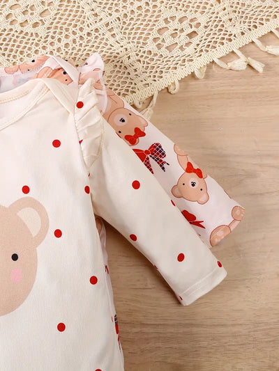 2-Piece Bear Print Baby Bodysuit, Comfy Footed Romper