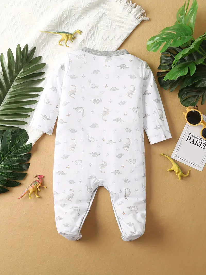 2-Piece Dinosaur Print Baby Romper, Cozy Cotton Footed