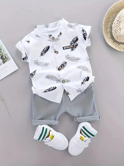 Trendy Baby Boys Feather Pattern Shirt & Shorts Set