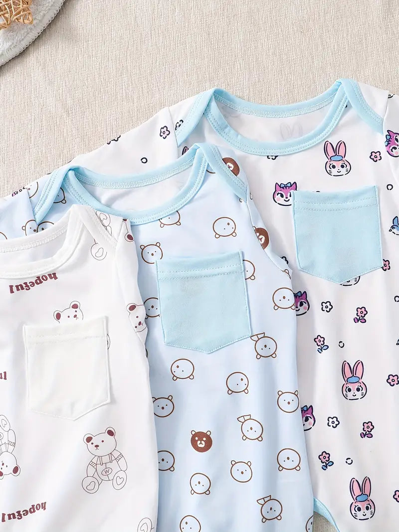 3-Piece Baby Boy Bear Pattern Romper, Long Sleeve Footed