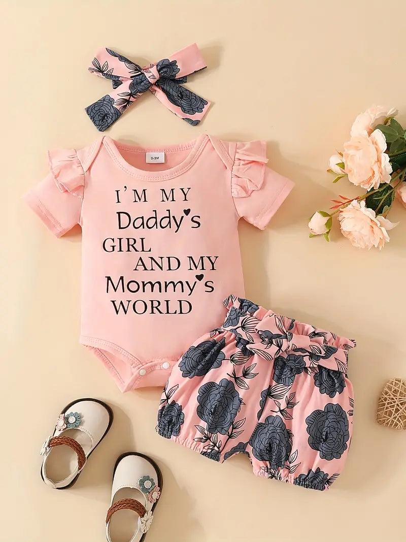 Adorable Baby Girl's Letter Print Onesie & Floral Shorts & Headband Set