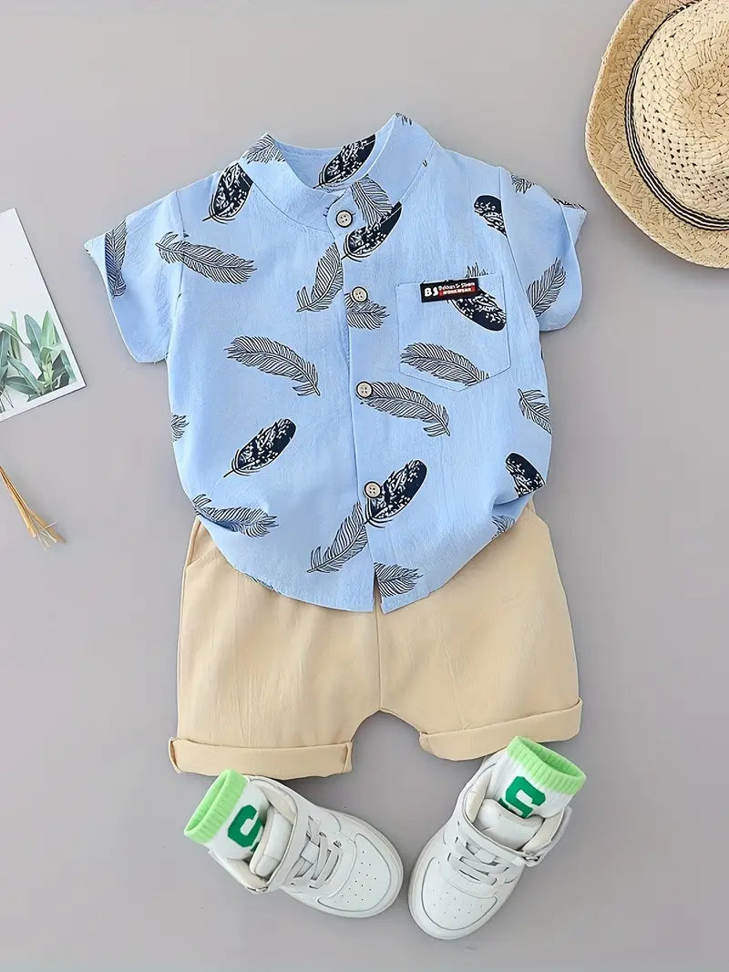 Trendy Baby Boys Feather Pattern Shirt & Shorts Set