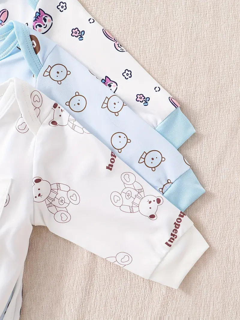 3-Piece Baby Boy Bear Pattern Romper, Long Sleeve Footed