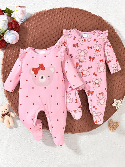 2-Piece Bear Print Baby Bodysuit, Comfy Footed Romper