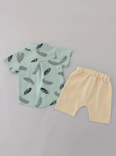 Trendy Baby Boys Feather Pattern Shirt & Shorts Set