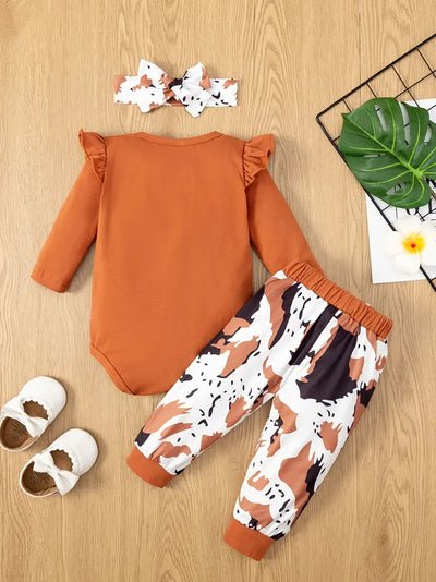 Adorable Baby Girl's Letter Print Onesie & Floral Shorts & Headband Set