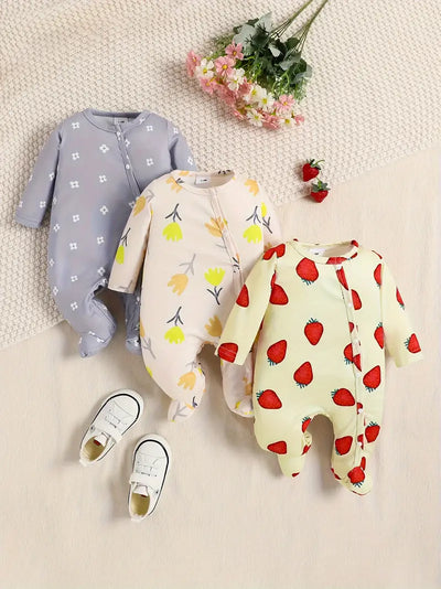 3-Piece Strawberry Print Long Sleeve Jumpsuit Set