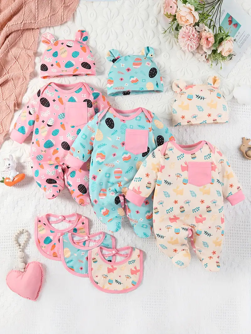 "9-Piece Bunny & Egg Print Onesies with Hats & Bibs"