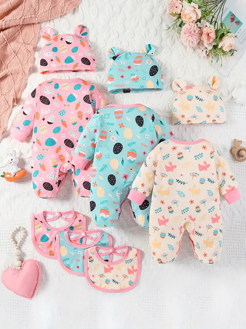 "9-Piece Bunny & Egg Print Onesies with Hats & Bibs"