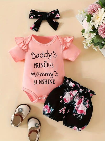 Adorable Baby Girl's Letter Print Onesie & Floral Shorts & Headband Set