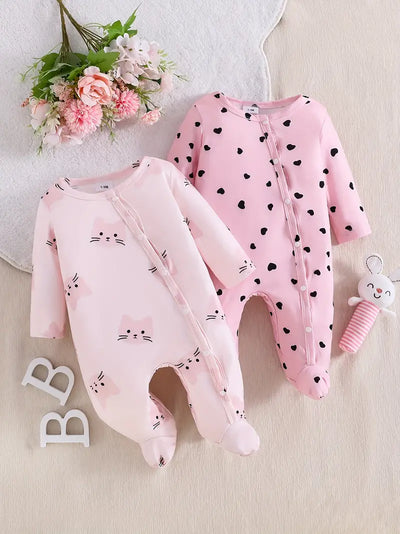 2-Piece Cat & Polka Dot Print Footed Jumpsuit Set