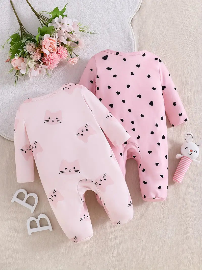 2-Piece Cat & Polka Dot Print Footed Jumpsuit Set