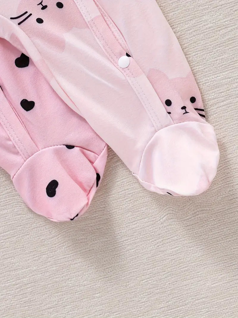 2-Piece Cat & Polka Dot Print Footed Jumpsuit Set