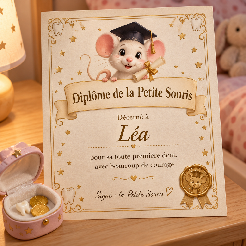 Exemple du diplôme de la Petite Souris personnalisé au prénom de l'enfant, livré en PDF à imprimer