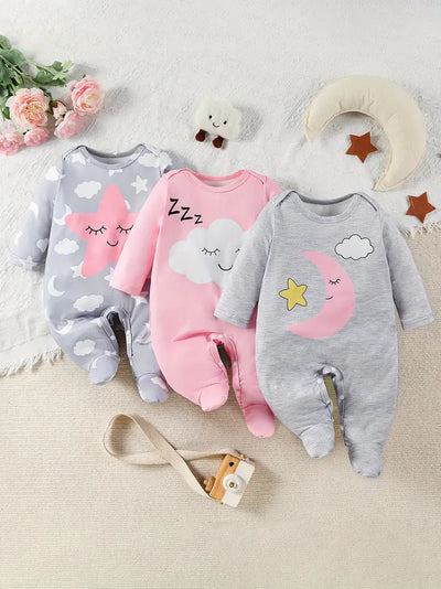 3-Piece Cloud Pattern Footed Bodysuit & Romper Set