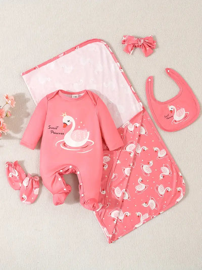 Cartoon Swan Print Romper, Bib, Blanket & Mittens Set